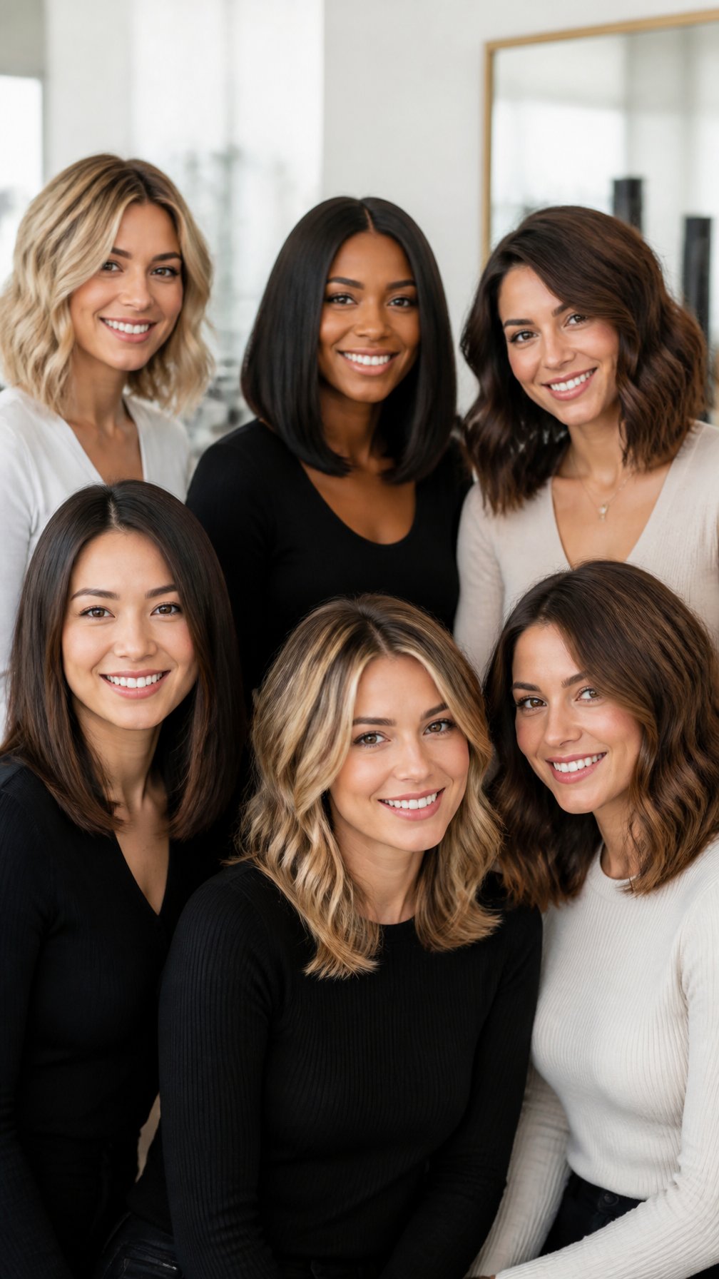 A group of women with shoulder-length hair standing in a bright salon, showing different hairstyles.