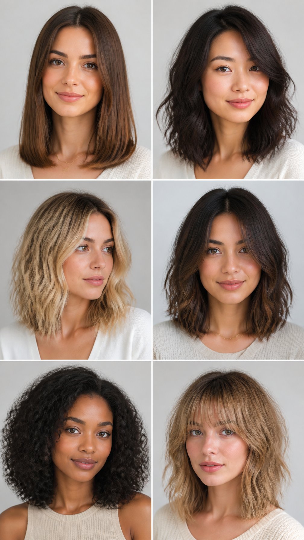 A group of women with different shoulder-length hairstyles posing together in a studio.