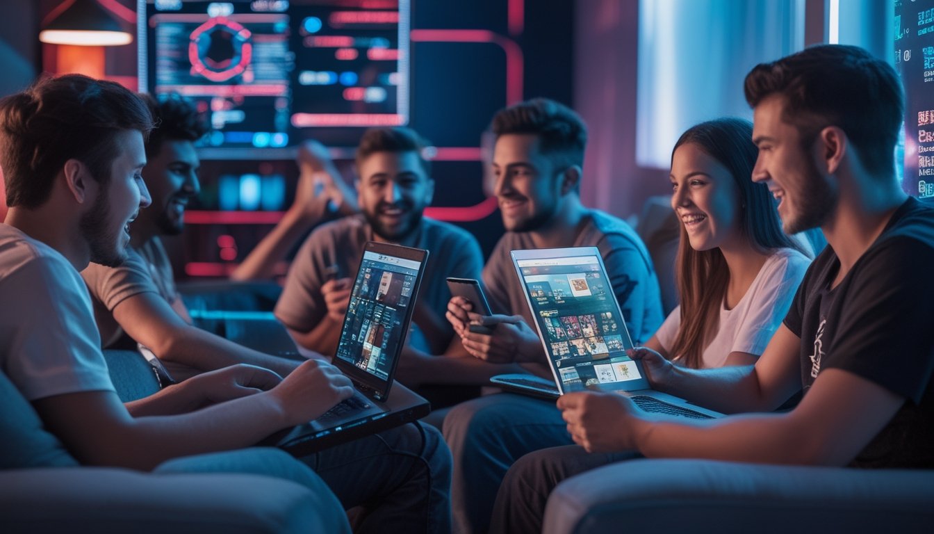 Sekelompok orang muda bermain game langsung secara online menggunakan perangkat digital di ruangan modern.