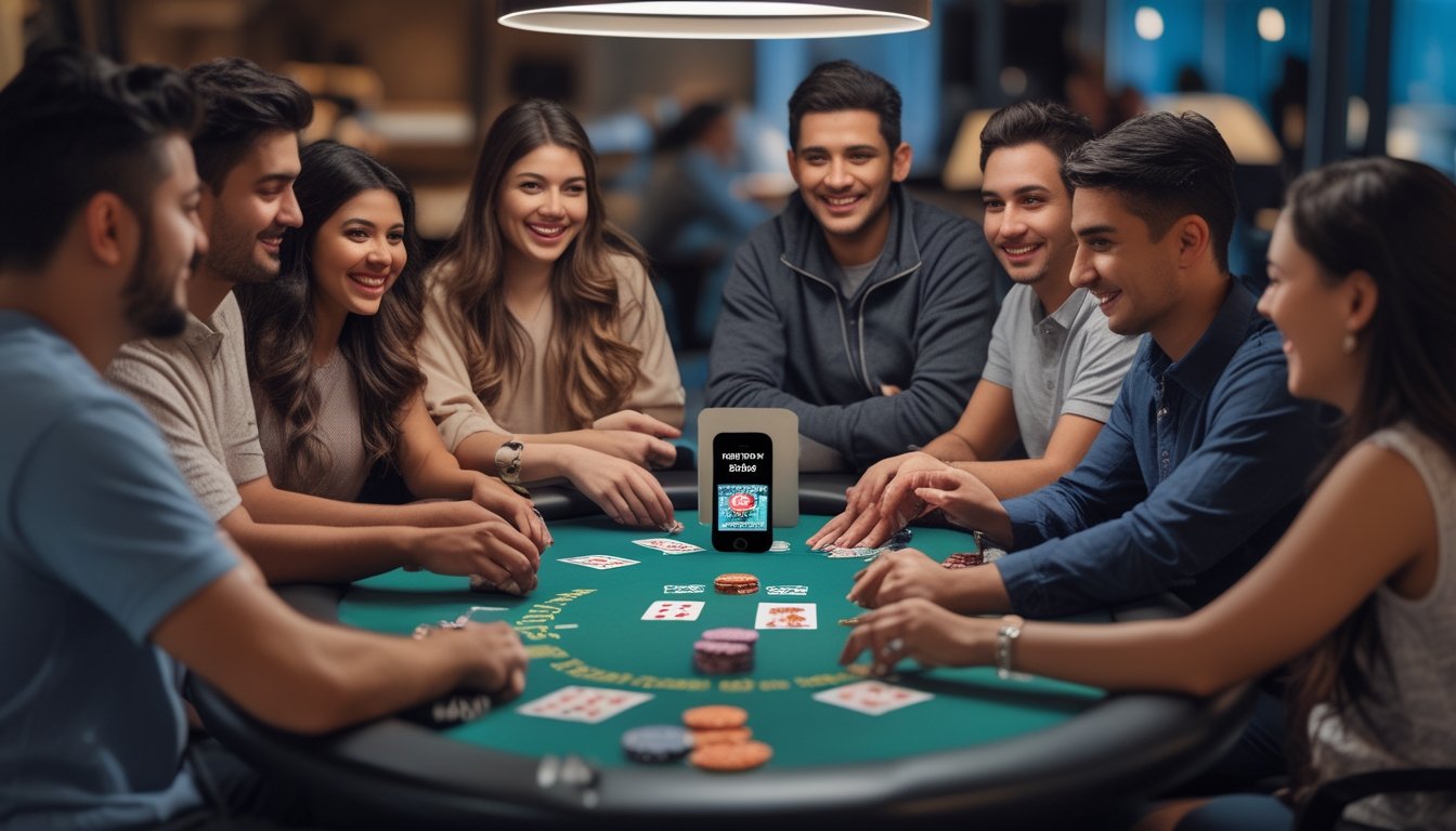 Sekelompok orang muda sedang bermain poker di meja dengan chip dan kartu, tampak fokus dan senang.