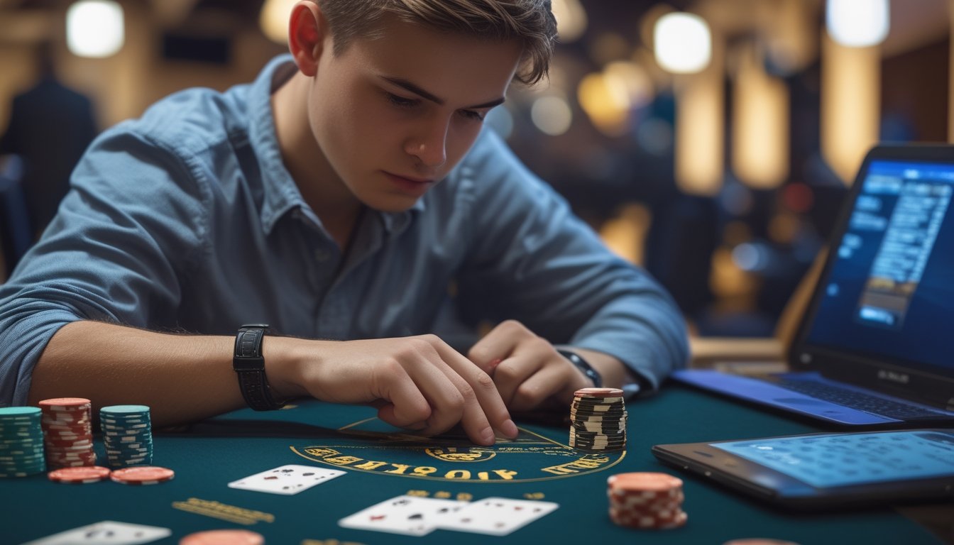 Seorang pemula sedang belajar bermain Spin and Go poker di meja poker dengan tumpukan chip dan kartu di depannya.