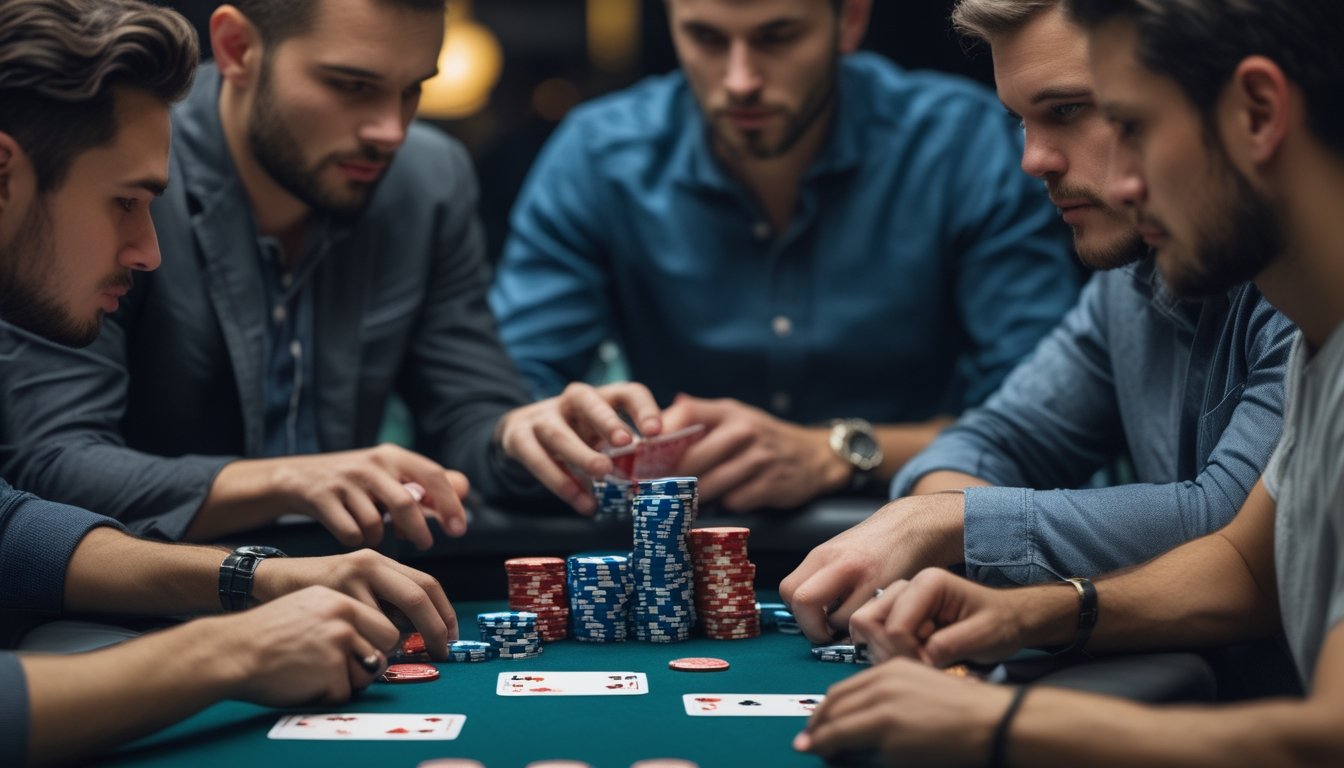 Tiga pemain poker sedang fokus bermain di meja poker dalam turnamen Spin and Go.