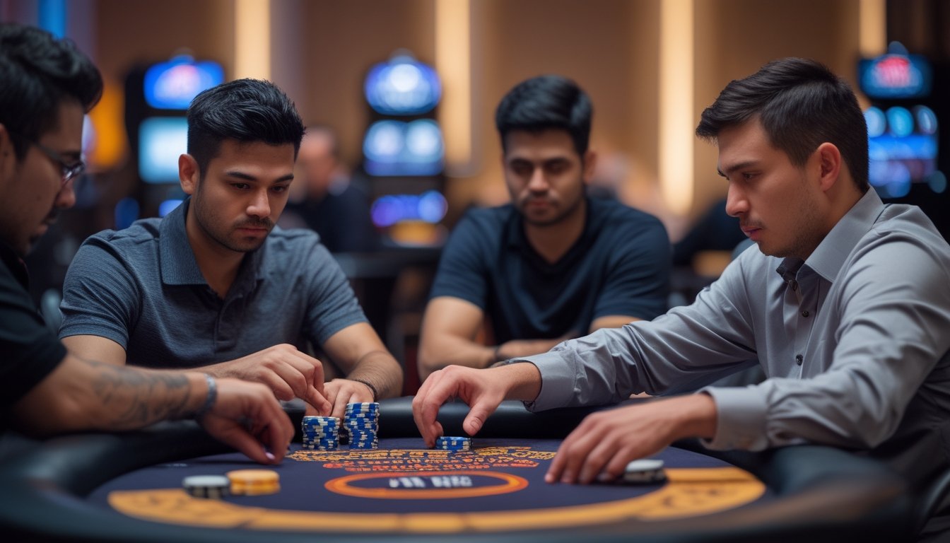 Tiga pemain poker sedang bermain di meja bundar, satu pemain mendorong chip ke tengah dalam suasana kasino yang terang dan modern.
