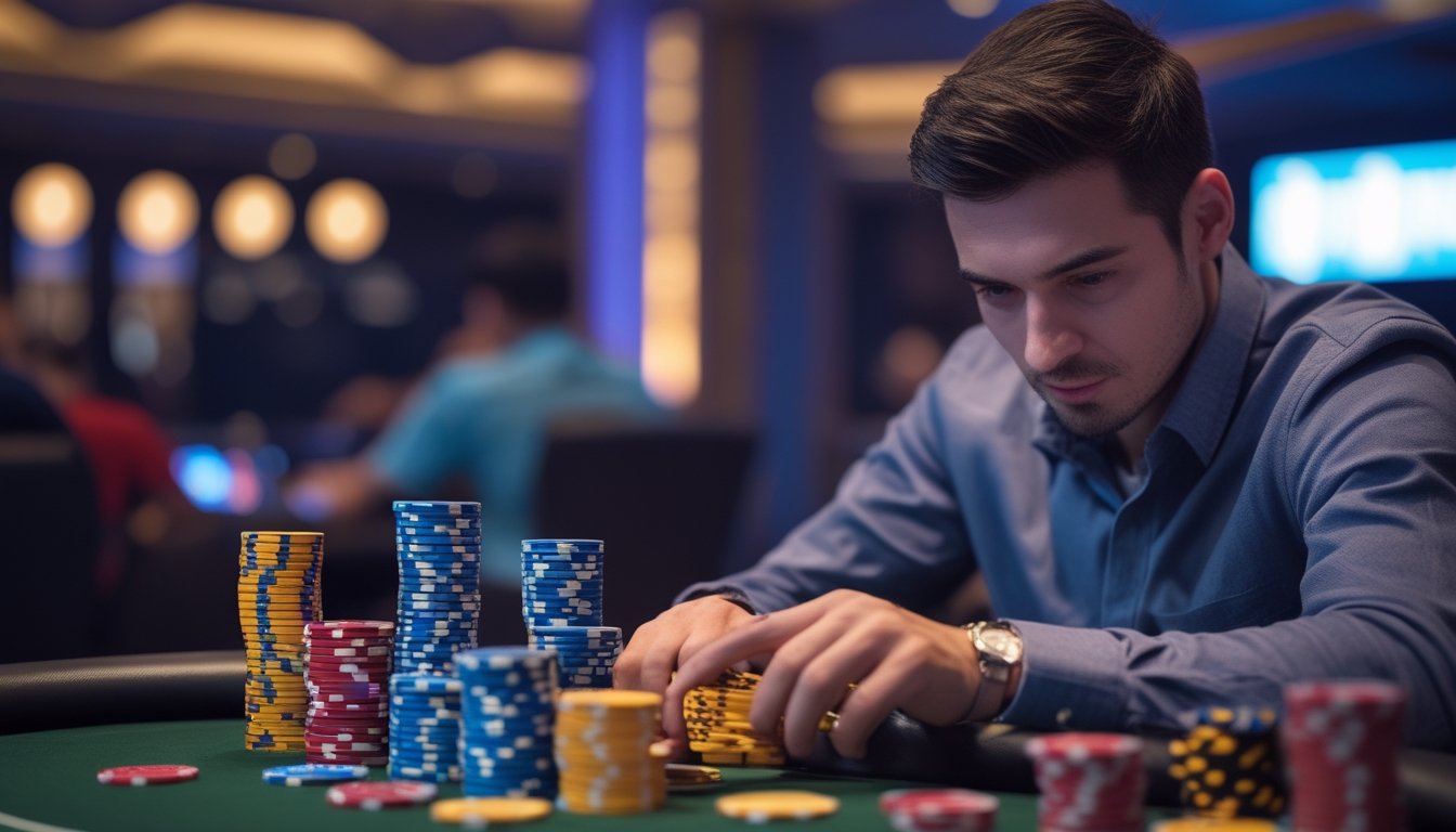 Seorang pemain poker sedang mengatur tumpukan chip di meja poker dengan ekspresi fokus dan tenang.