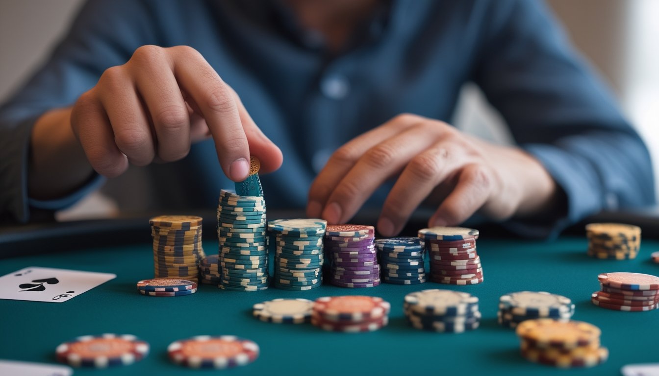 Seorang pemain poker sedang mengatur tumpukan chip di meja poker dengan kartu dan perangkat digital di dekatnya.