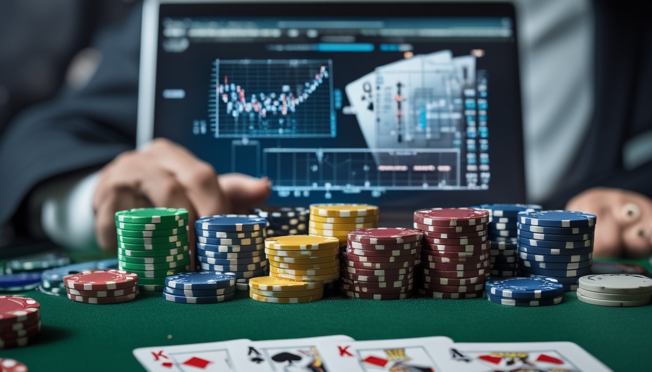 Meja poker dengan tumpukan chip warna-warni, kartu bermain, dan layar perangkat digital yang menampilkan grafik matematika.