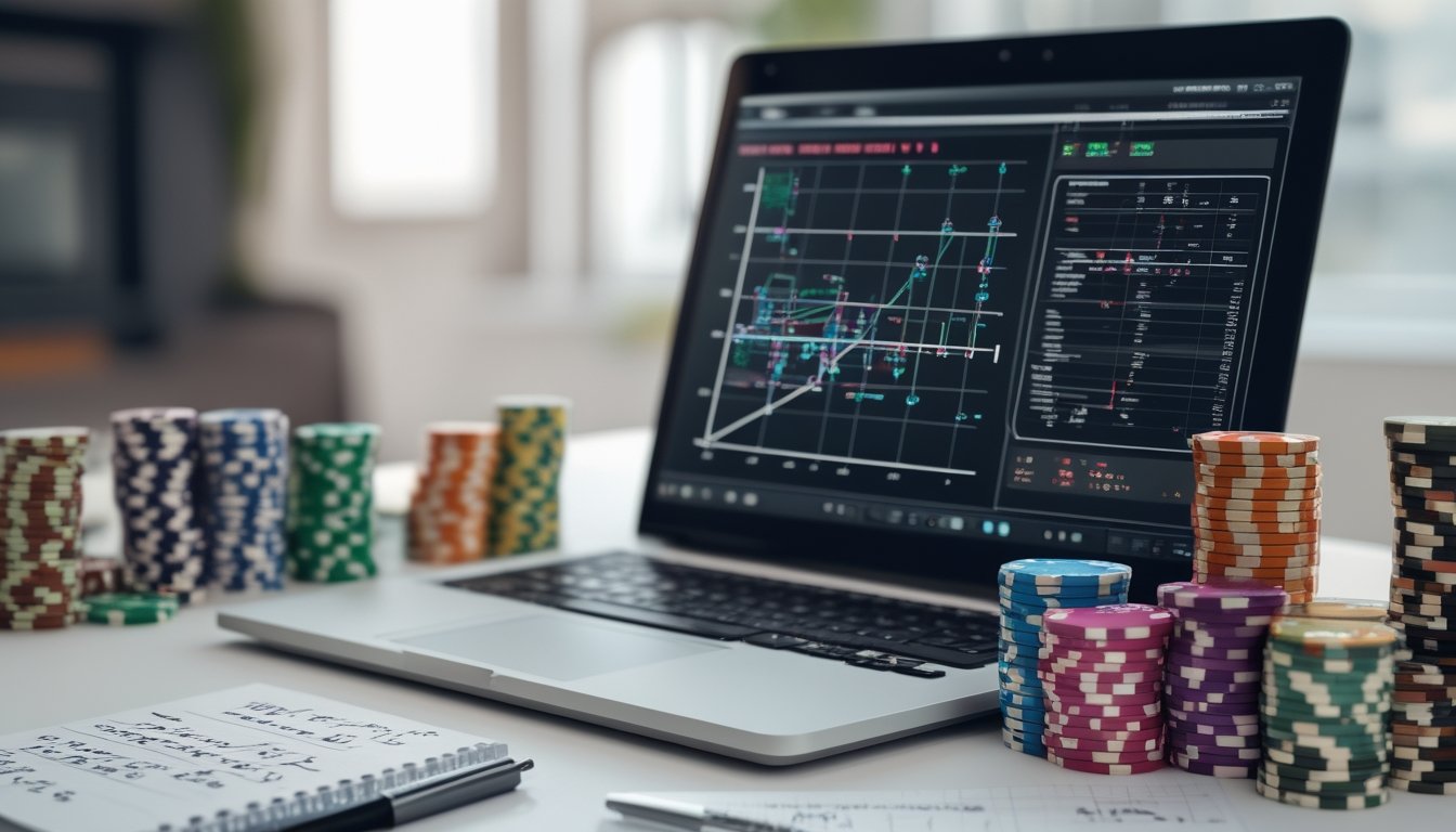 Meja kerja dengan laptop yang menampilkan grafik matematika dan tumpukan chip poker berwarna-warni, serta buku catatan dengan perhitungan, menunjukkan analisis strategi poker online.