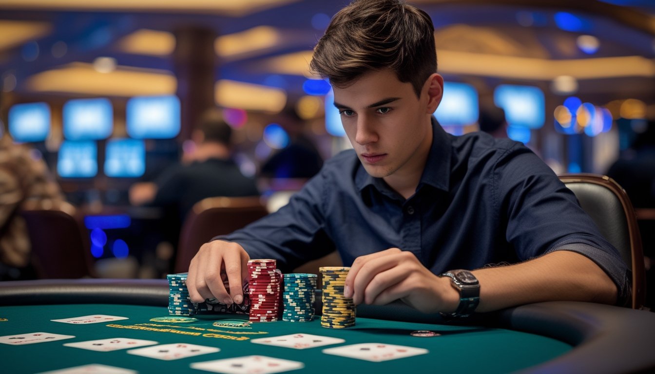 Seorang pemain poker fokus menganalisis kartu dan chip di meja poker Spin and Go dengan latar belakang kasino.