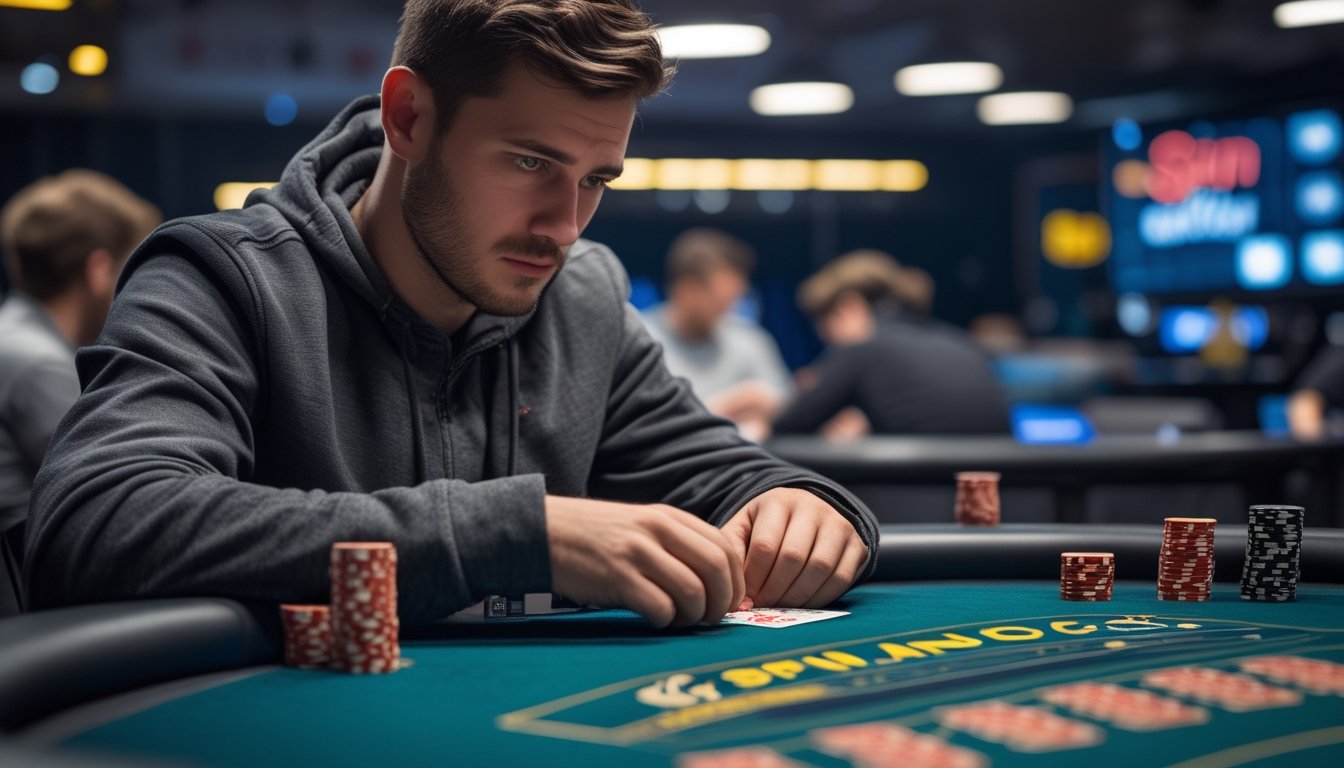 Seorang pemain poker fokus menganalisis kartu di meja Spin and Go dengan chip poker dan kartu bermain di depan.