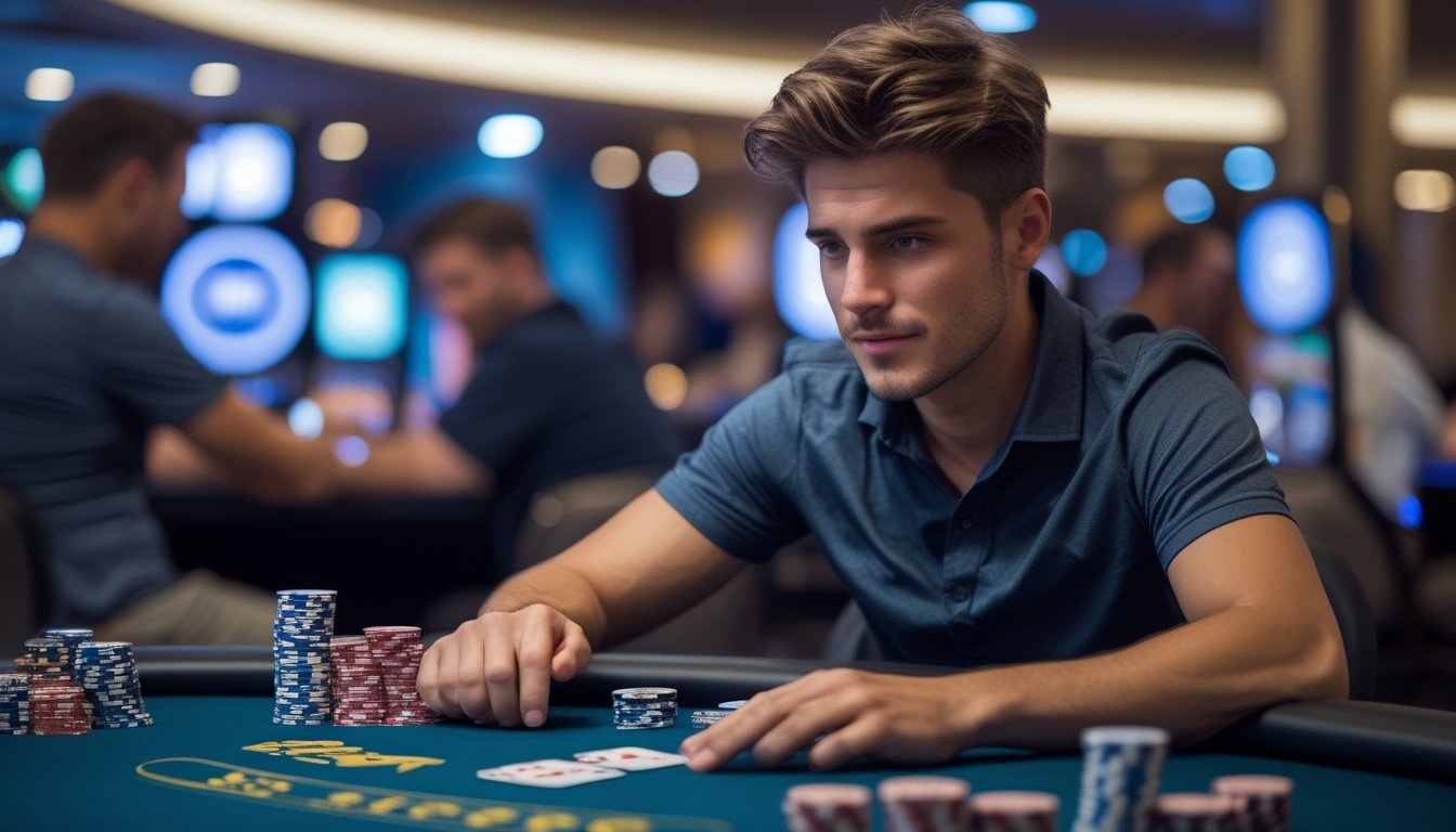Seorang pria muda duduk di meja poker dengan tumpukan chip dan perangkat digital, terlihat fokus dan senang menang dalam turnamen poker online.
