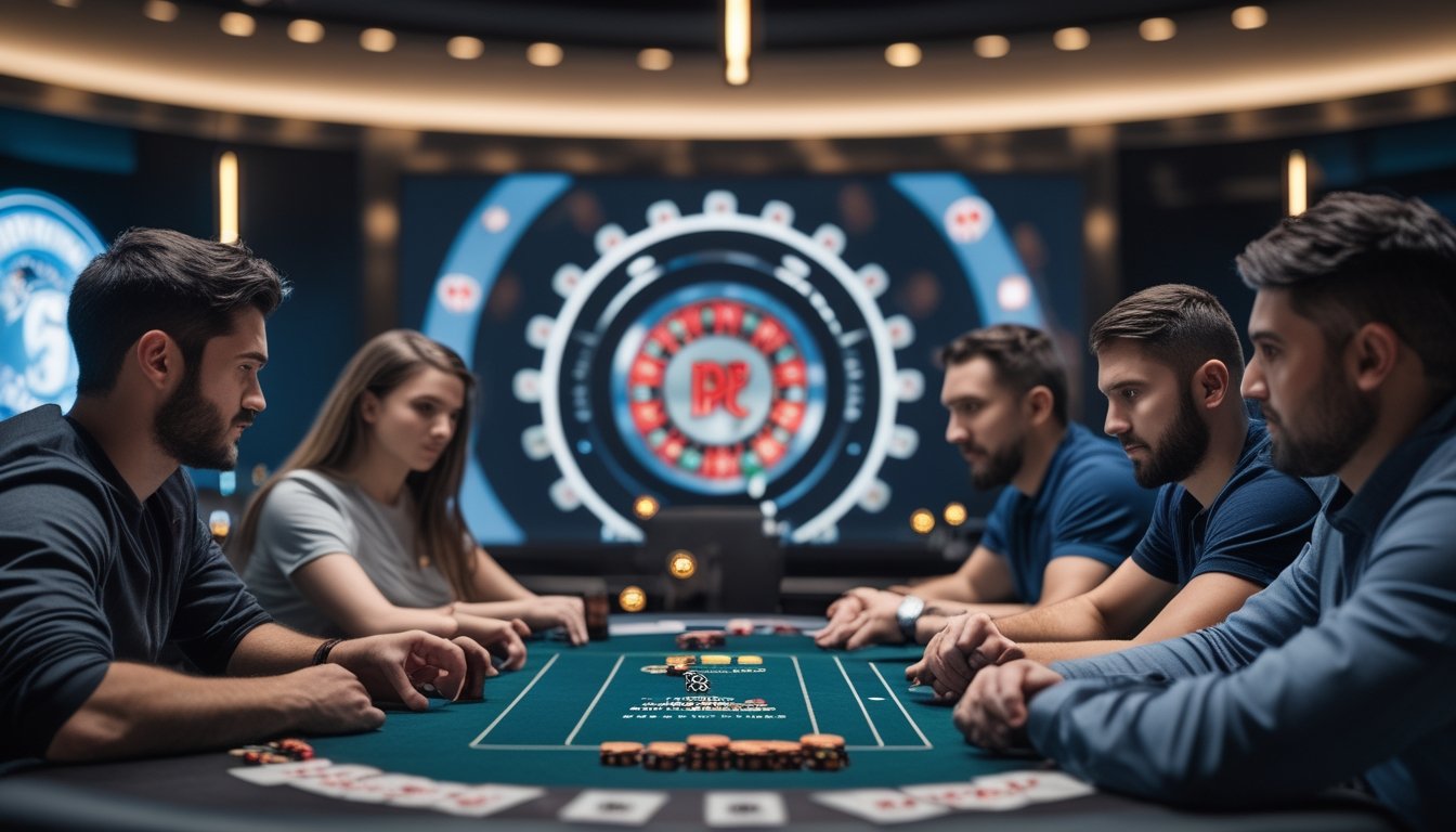 Beberapa pemain poker sedang fokus bermain di meja poker dengan layar digital menampilkan roda putar dan grafik turnamen di latar belakang.
