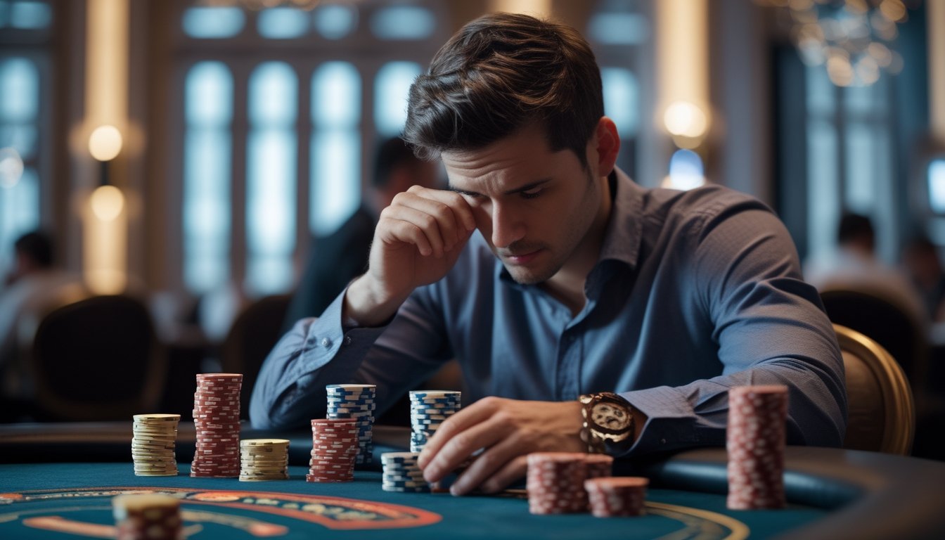 Seorang pemain poker serius duduk di meja poker dengan kartu dan tumpukan chip, fokus dalam permainan Spin and Go.