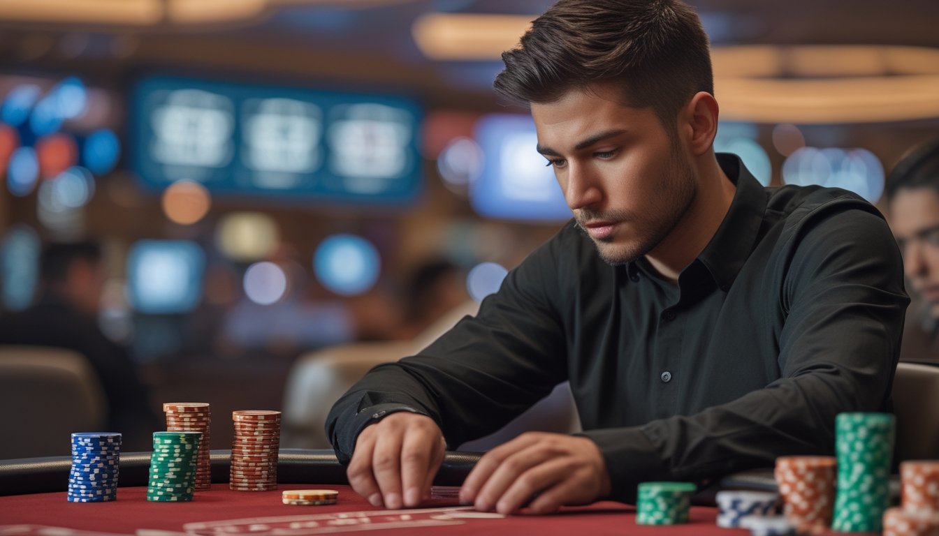 Seorang pemain poker fokus duduk di meja poker dengan tumpukan chip dan kartu, suasana kasino terlihat di latar belakang.