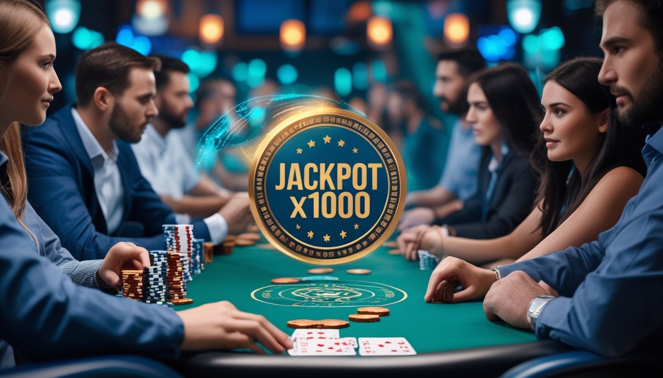 Meja poker dengan tumpukan chip dan kartu, dikelilingi oleh pemain yang fokus dan bersemangat bermain.