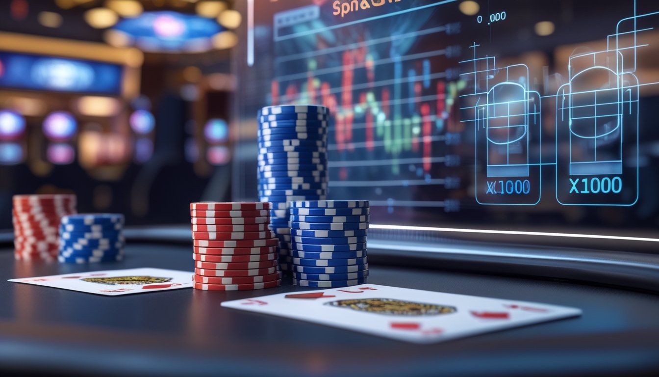 Meja poker dengan tumpukan chip dan kartu bermain, dilatarbelakangi tampilan digital yang menunjukkan grafik peluang dan jackpot.
