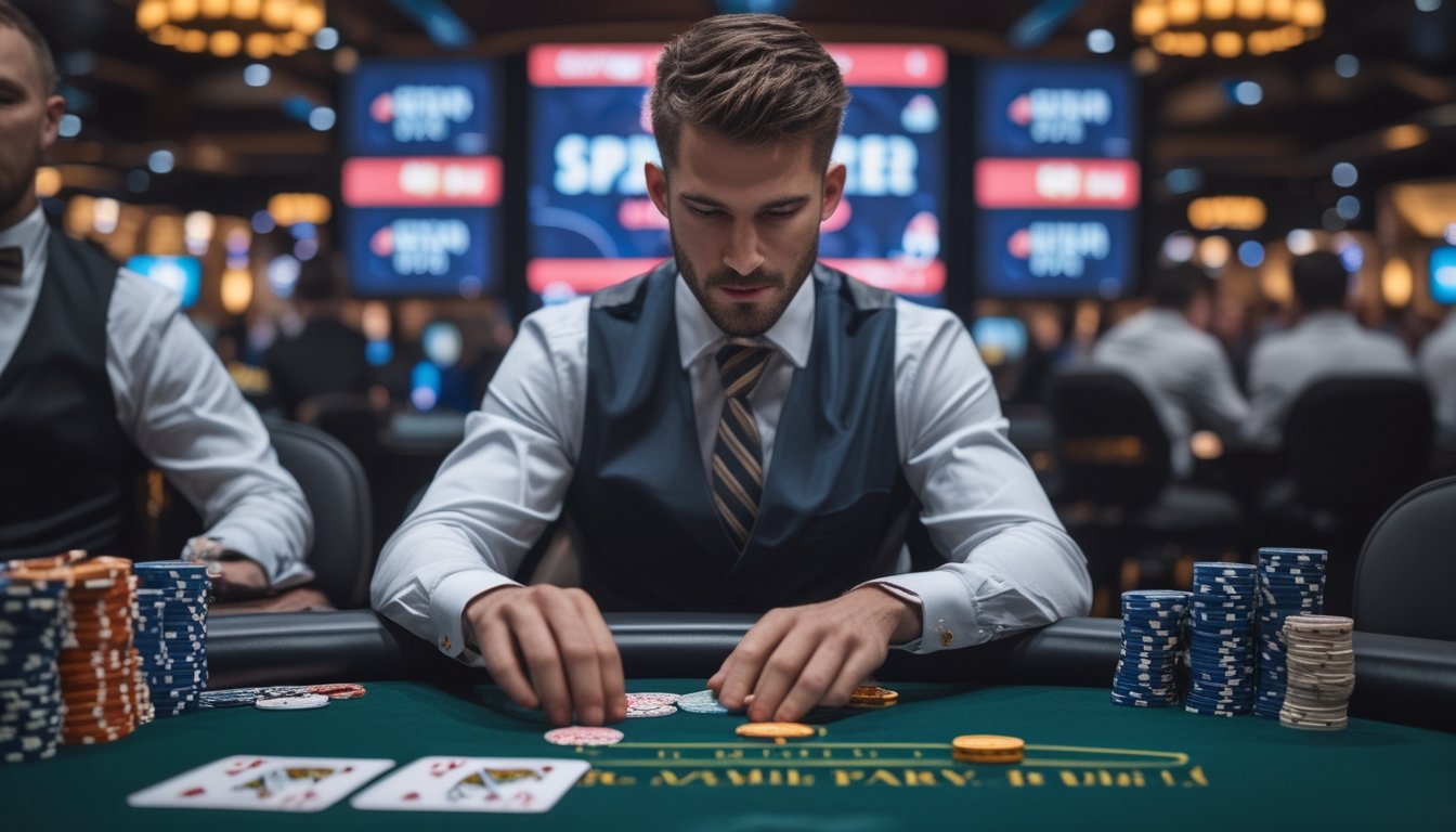 Seorang pemain poker serius duduk di meja kasino dengan tumpukan chip dan kartu, fokus pada permainan poker Spin & Go dengan latar belakang kasino yang ramai.