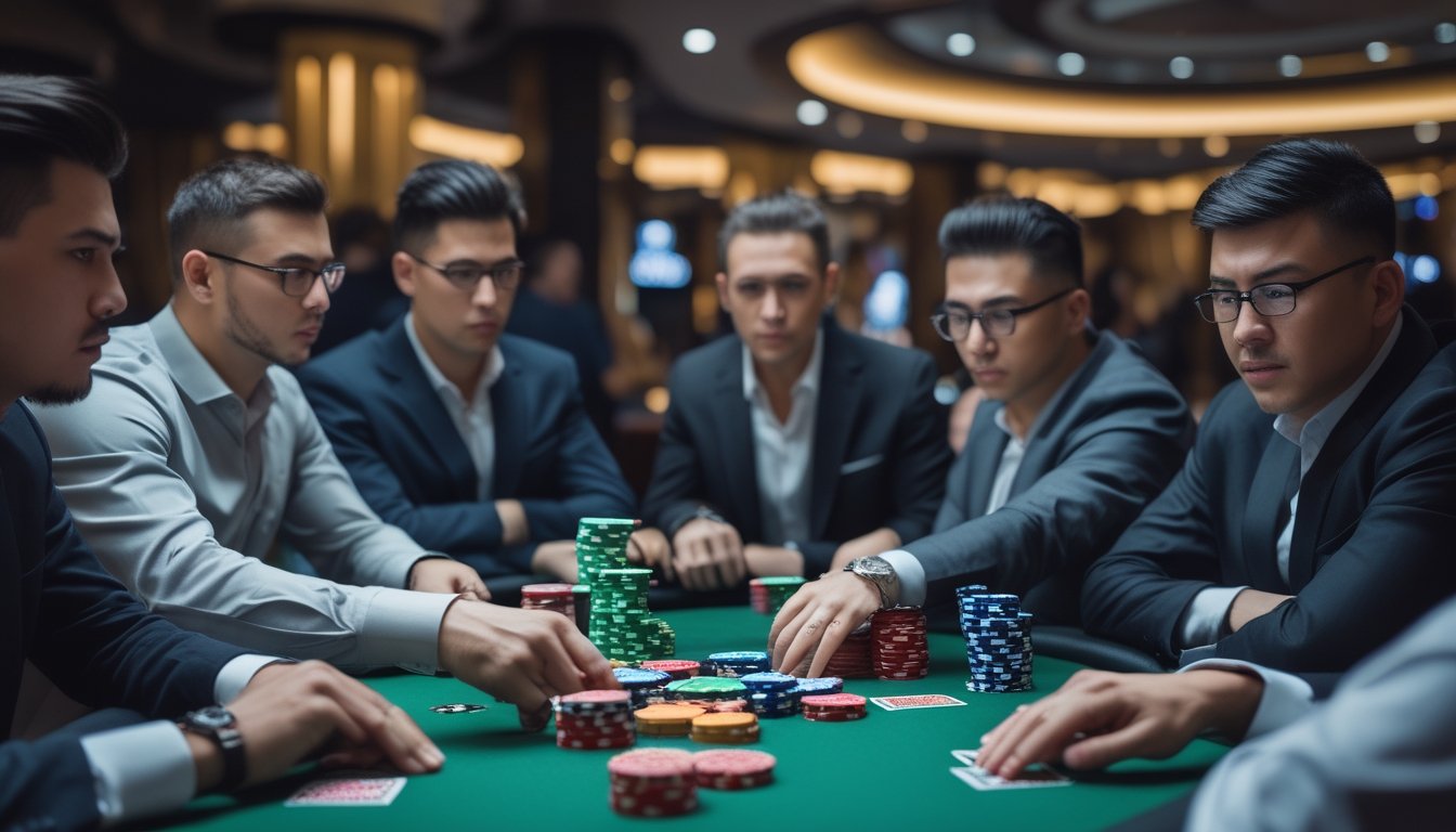 Sekelompok pemain poker serius duduk di meja dengan tumpukan chip dan kartu, fokus pada permainan poker di kasino.