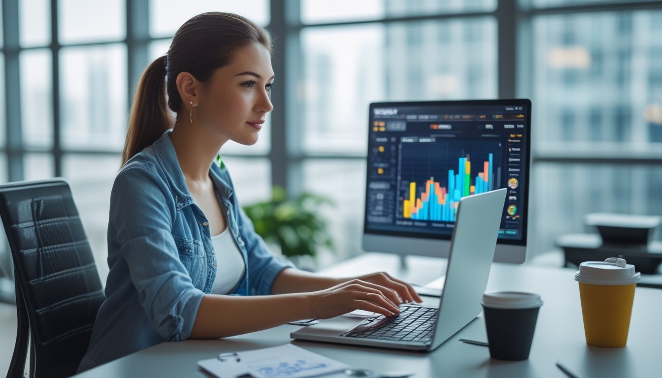 Seorang wanita muda duduk di meja kantor dengan laptop dan grafik di layar, terlihat fokus dan merencanakan strategi.