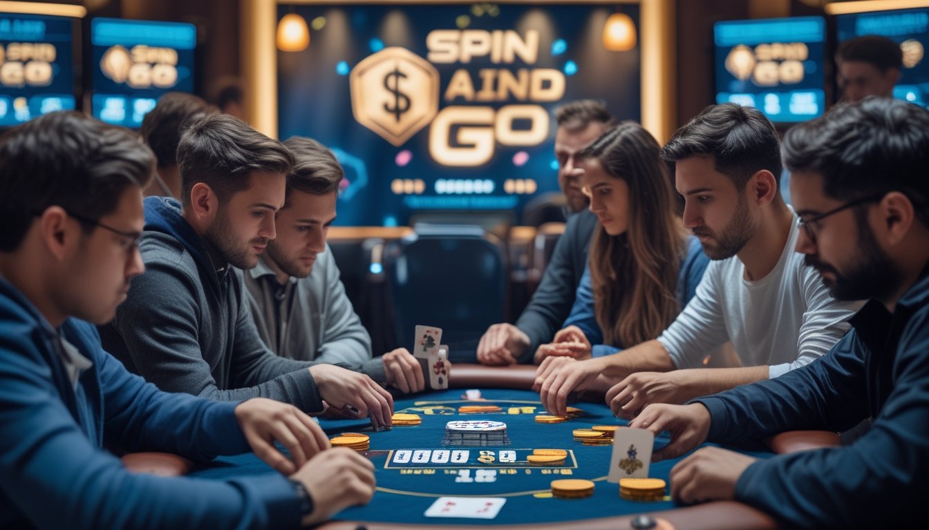 Sekelompok pemain poker sedang fokus bermain di meja poker dalam suasana turnamen dengan chip dan kartu di depan mereka.
