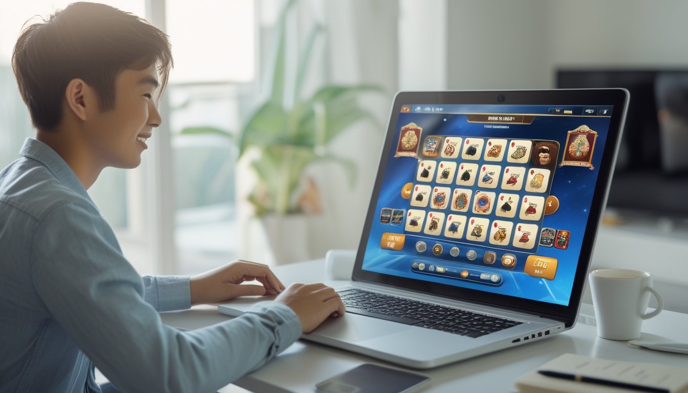 Seorang pemula sedang fokus belajar bermain permainan kartu Ceme Super 6 secara online di depan laptop di ruang tamu yang rapi.