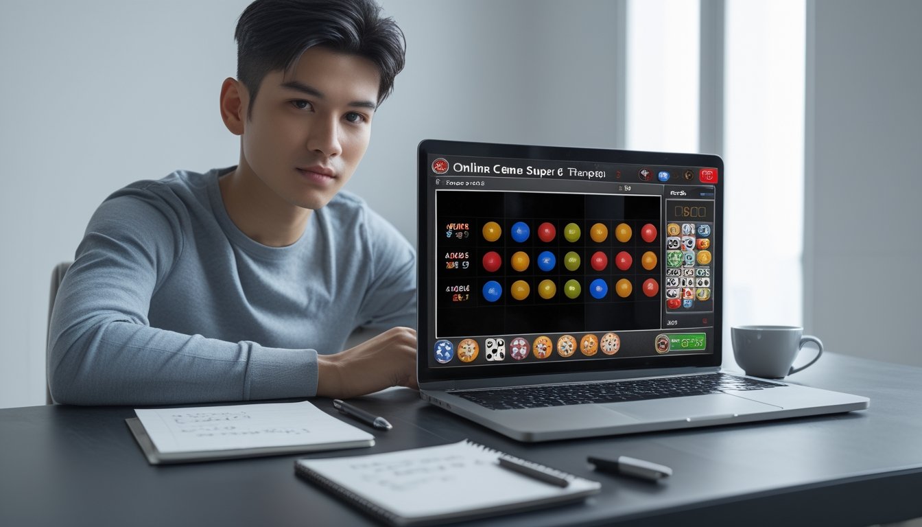 Seorang dewasa muda sedang fokus bermain permainan domino online di laptop di meja kerja yang rapi.