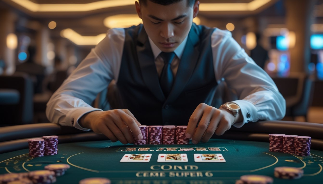 Seorang pria berpakaian rapi sedang menghitung kartu di meja judi Ceme Super 6 dengan tumpukan kartu dan chip di depan, di dalam suasana kasino yang elegan.