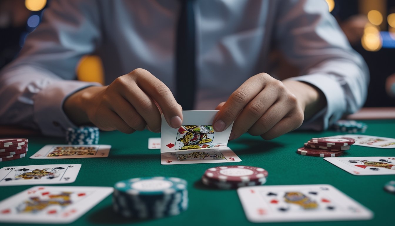 Seorang pemain sedang menghitung kartu dengan fokus di meja permainan Ceme Super 6 yang terang dan rapi.