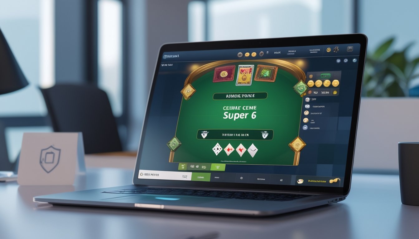 Seseorang menggunakan laptop dengan tampilan permainan judi online Ceme Super 6 di layar dalam suasana ruangan yang terang dan rapi.
