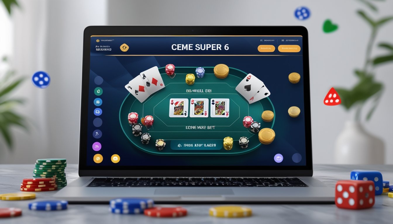 Sebuah laptop dan ponsel di atas meja dengan tampilan platform judi online yang aman, dikelilingi oleh chip judi dan kartu remi.