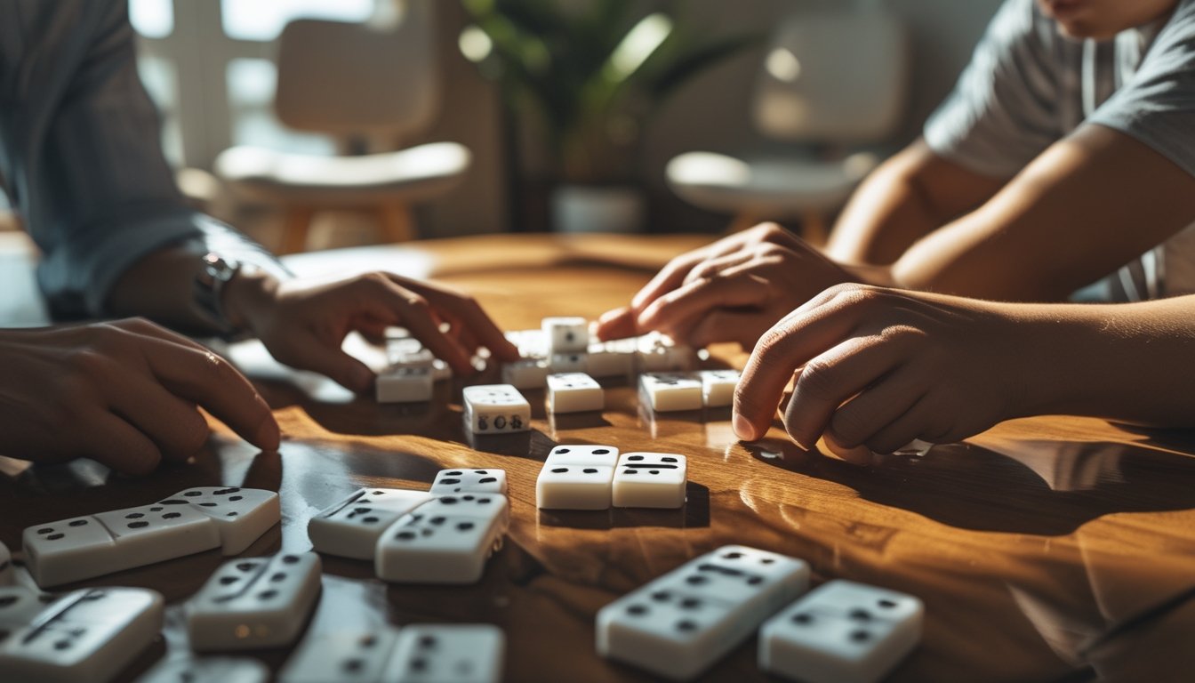 Beberapa orang sedang bermain domino Ceme Super 6 di atas meja kayu dengan ubin domino tertata rapi dan tangan mereka menempatkan ubin permainan.