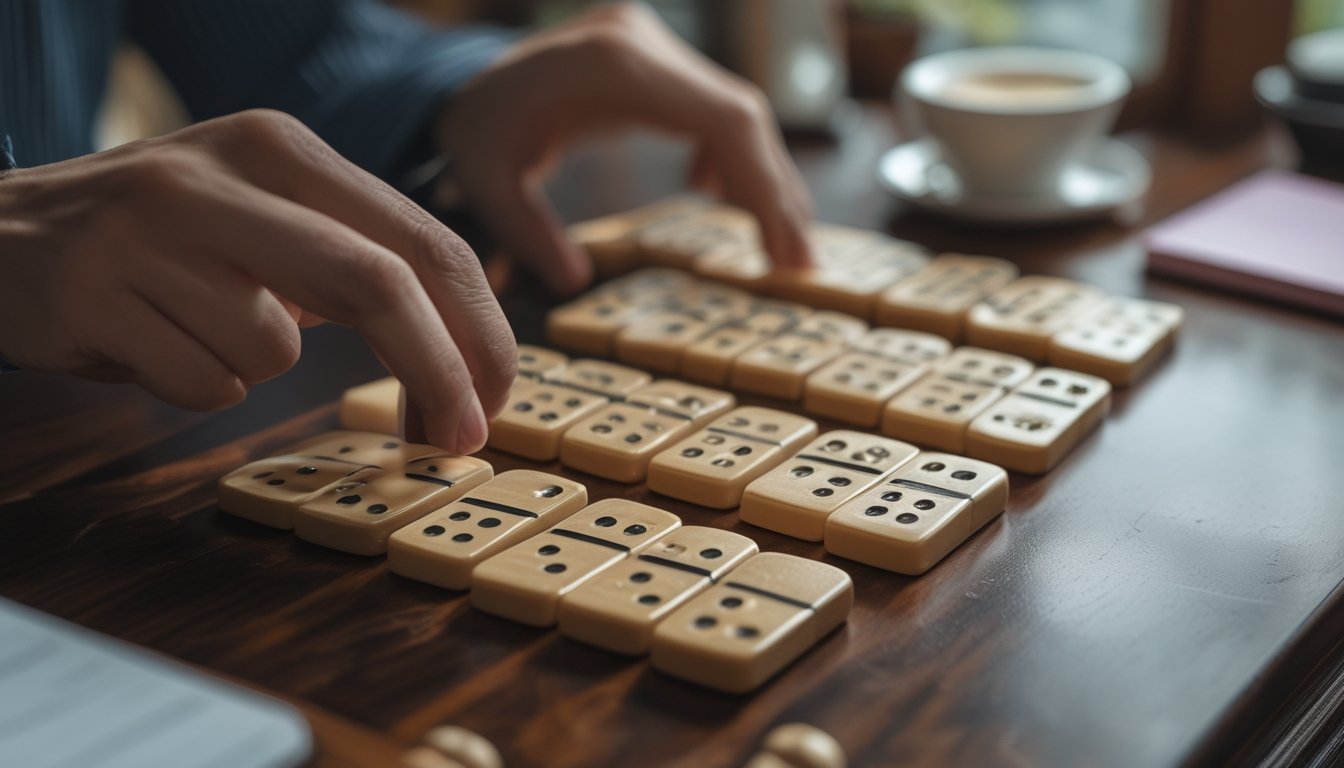 Tangan sedang meletakkan batu domino pada meja kayu saat permainan Domino Ceme Super 6 berlangsung.