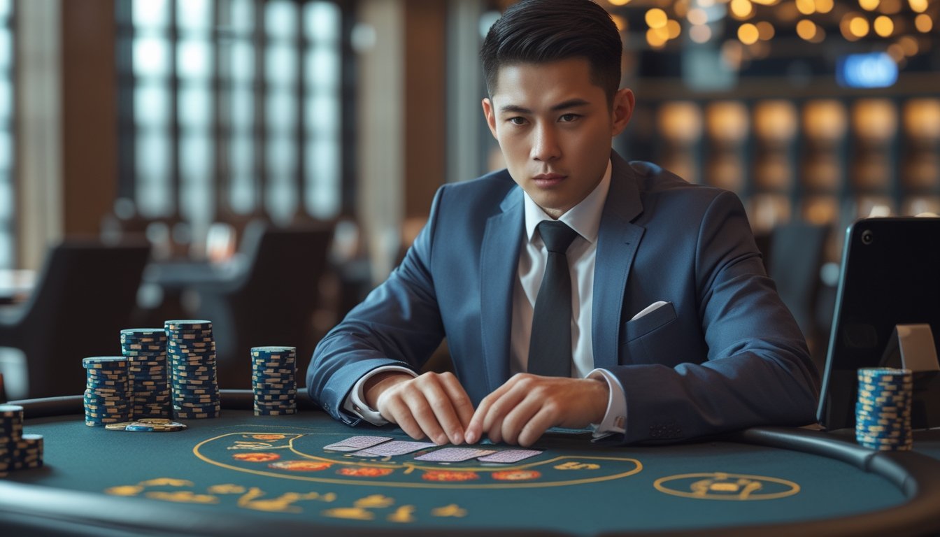 Seorang pria Asia Tenggara duduk di meja permainan dengan chip poker dan kartu, terlihat fokus dan percaya diri dalam suasana ruangan mewah.