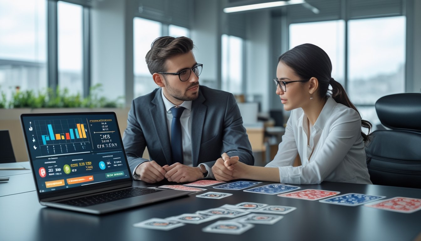 Dua profesional bisnis berdiskusi di meja kantor dengan laptop dan grafik keuangan, mempelajari strategi pembayaran dan aturan dasar.