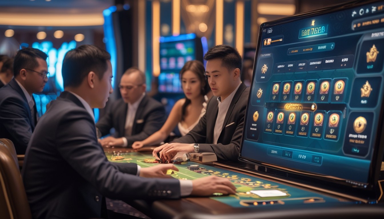 Beberapa orang duduk di meja permainan digital ceme super 6 online, fokus melihat layar dan kartu di meja.