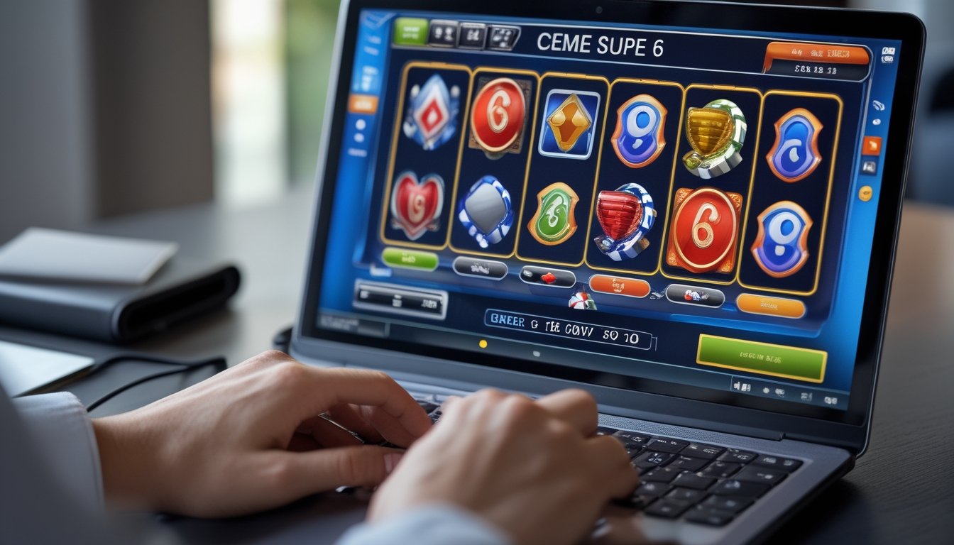 Tangan seseorang berinteraksi dengan perangkat digital yang menampilkan permainan Ceme Super 6 online di layar.