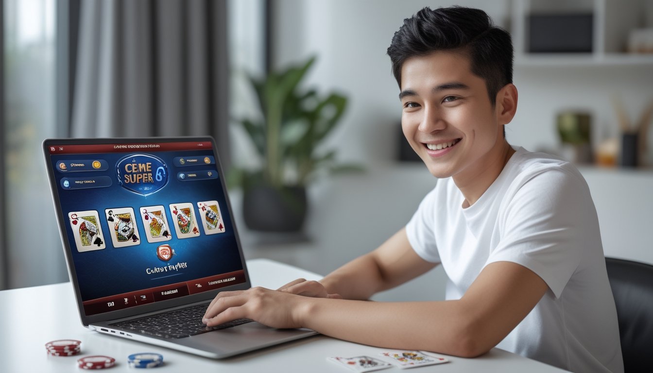 Seorang dewasa muda duduk di depan laptop dengan kartu dan chip poker di meja, tersenyum sambil bermain permainan kartu online.