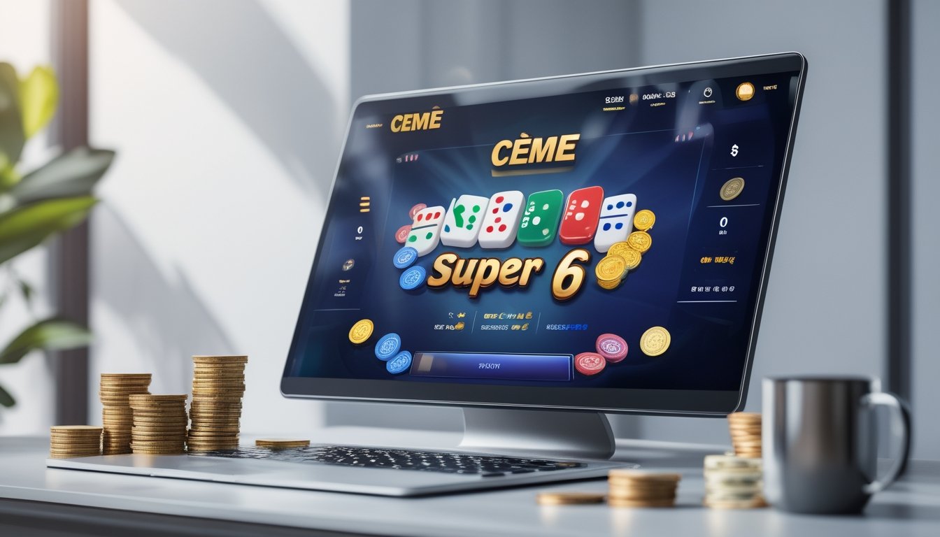 Seorang pemain menggunakan komputer dengan tampilan permainan Ceme Super 6, dikelilingi oleh beberapa koin dan uang kertas sebagai simbol modal kecil.