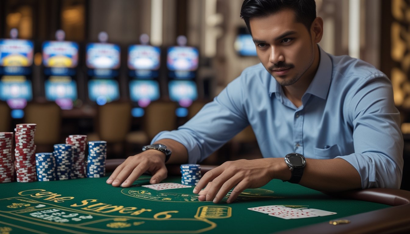 Seorang pria bermain permainan Ceme Super 6 di meja kasino dengan kartu dan chip taruhan.