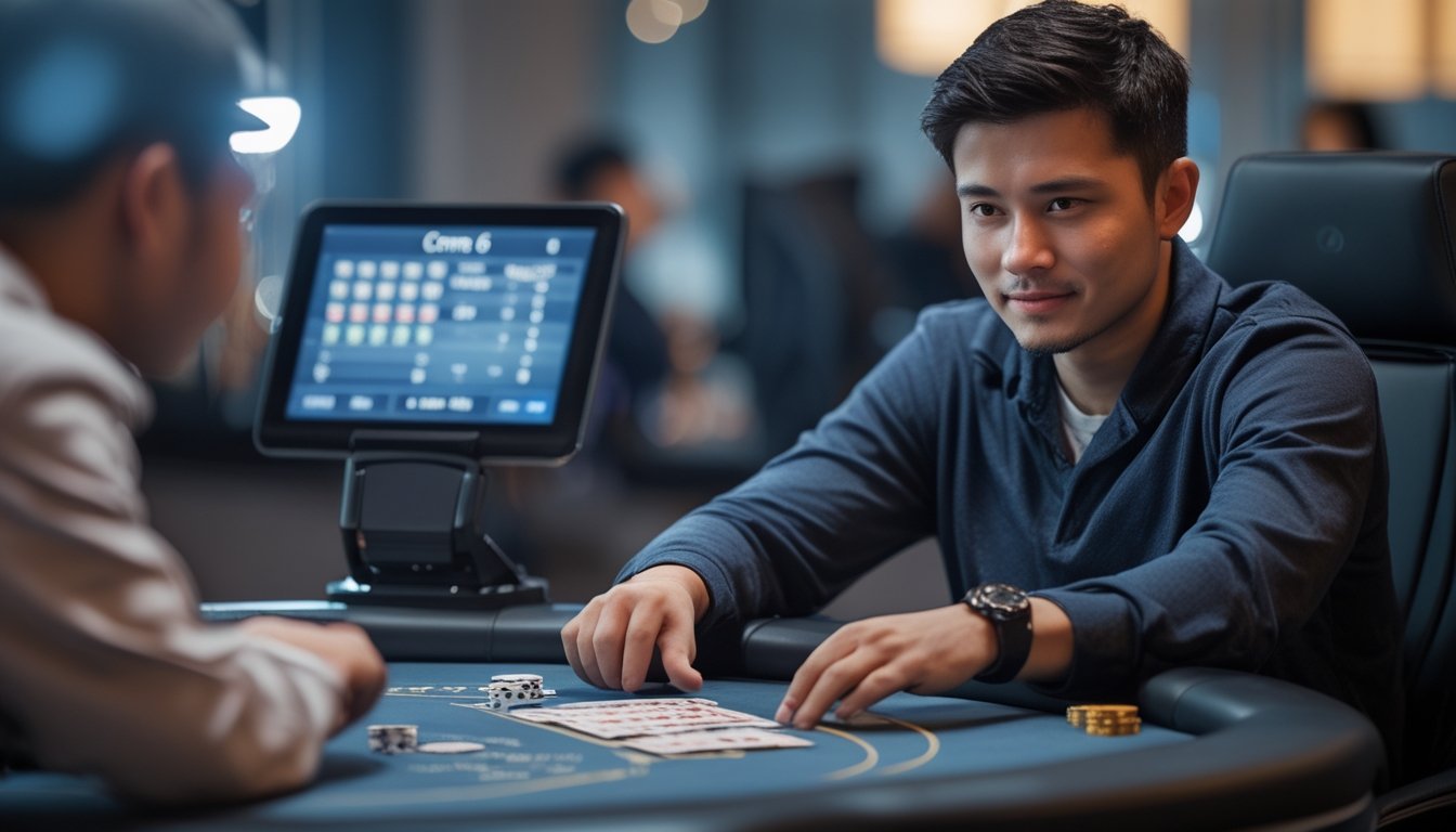 Seorang pria muda duduk di meja permainan dengan kartu dan chip poker, tampak fokus dan percaya diri saat bermain Ceme Super 6.