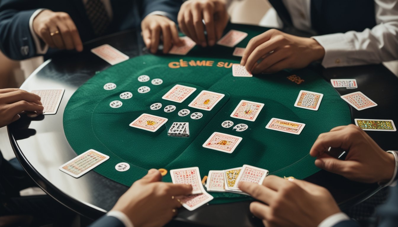 Tangan pemain sedang memainkan kartu domino di atas meja hijau dalam permainan Ceme Super 6.