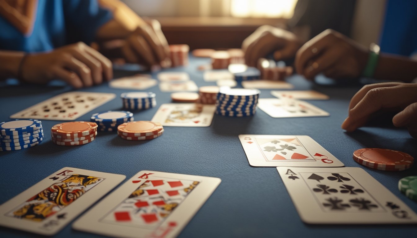 Meja permainan dengan kartu dan chip poker yang tersusun rapi, tangan pemain sedang memegang kartu dalam permainan Ceme Super 6.