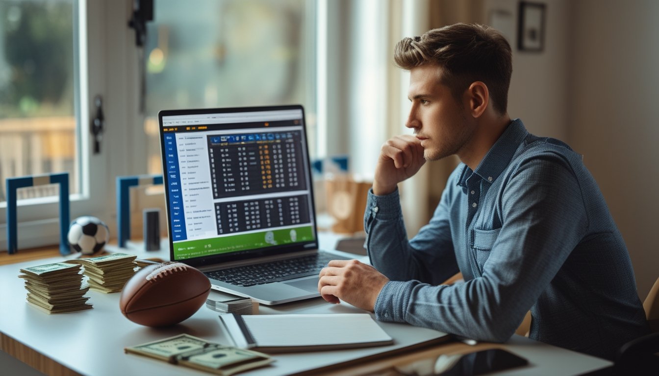 Seorang pria muda duduk di meja dengan laptop dan ponsel, menganalisis taruhan sepak bola online di ruang kerja rumah.