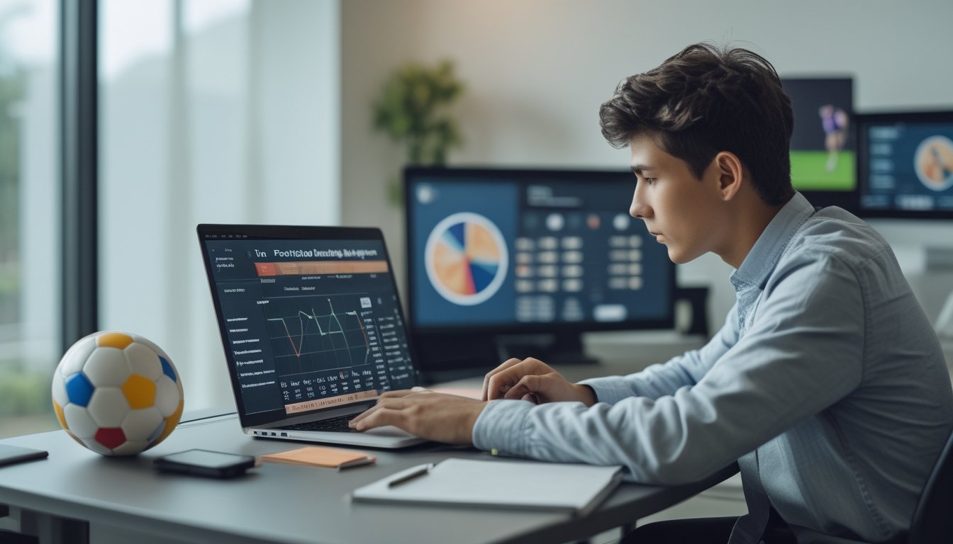 Seorang dewasa muda sedang duduk di meja dengan laptop dan alat tulis, menganalisis data taruhan sepak bola online dengan latar kantor yang terang.