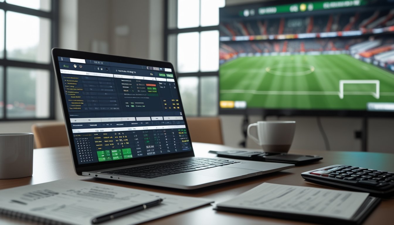 Seorang pria sedang bekerja dengan laptop yang menampilkan statistik pertandingan sepak bola dan grafik taruhan di ruang kerja modern.