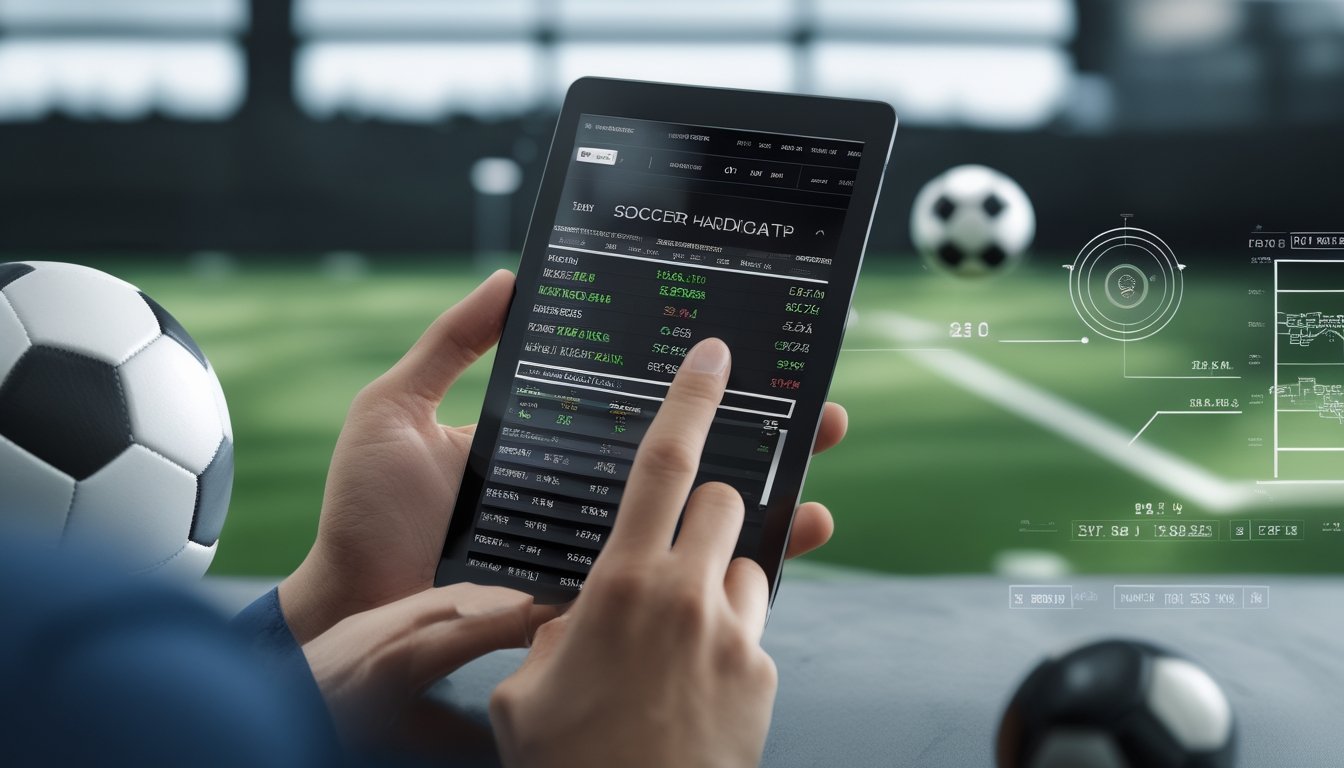 Seorang pria menggunakan tablet yang menampilkan data taruhan bola dengan bola sepak dan lapangan hijau di latar belakang.