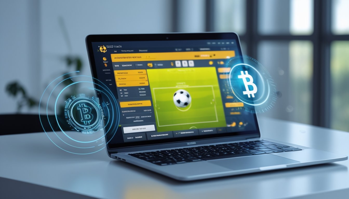 Seseorang menggunakan ponsel untuk memasang taruhan bola secara online dengan tampilan antarmuka taruhan dan simbol transaksi digital di latar belakang.
