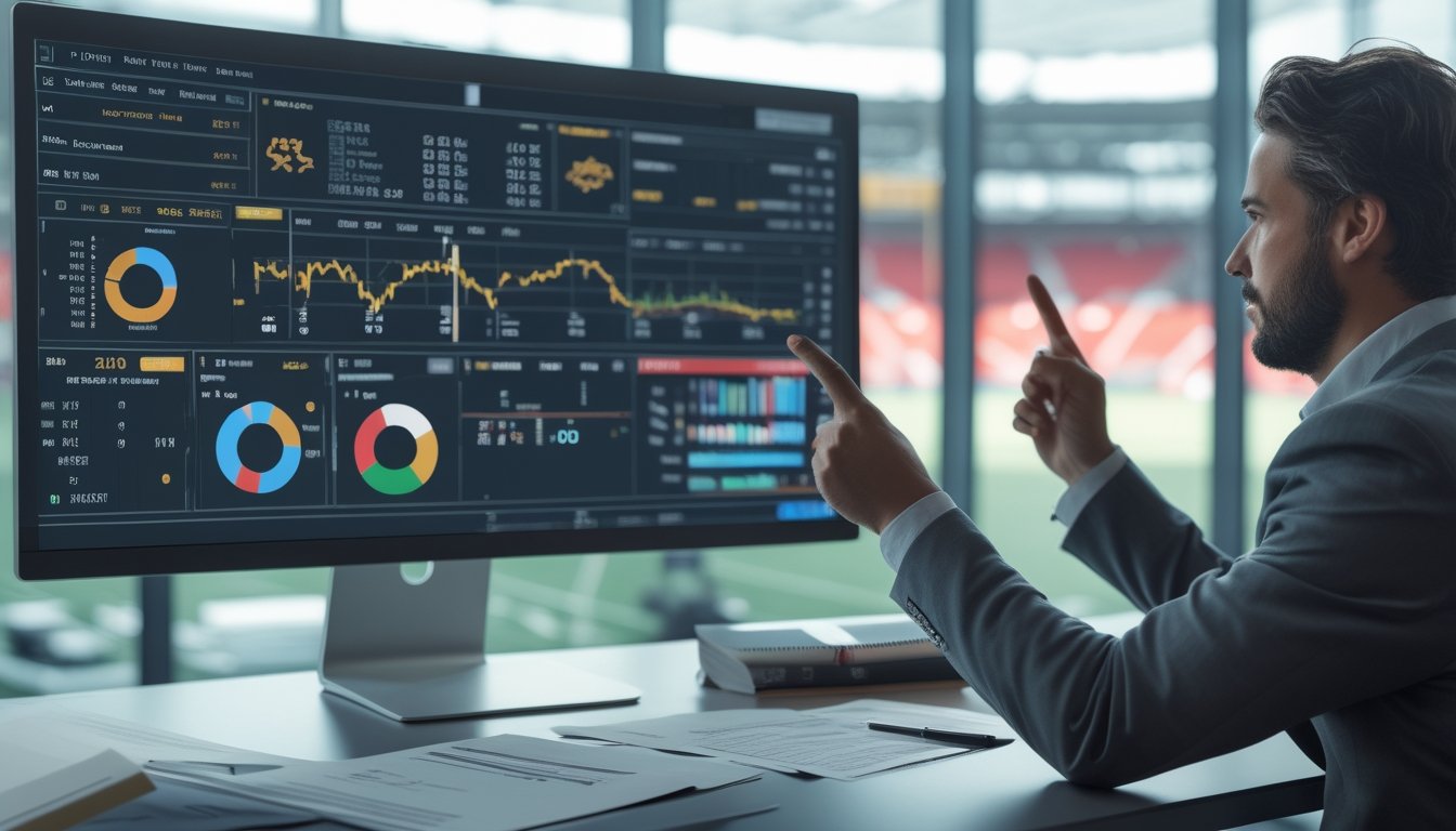 Seorang profesional sedang menganalisis data statistik pertandingan sepak bola di depan komputer dengan grafik dan angka, di latar belakang terlihat stadion sepak bola.