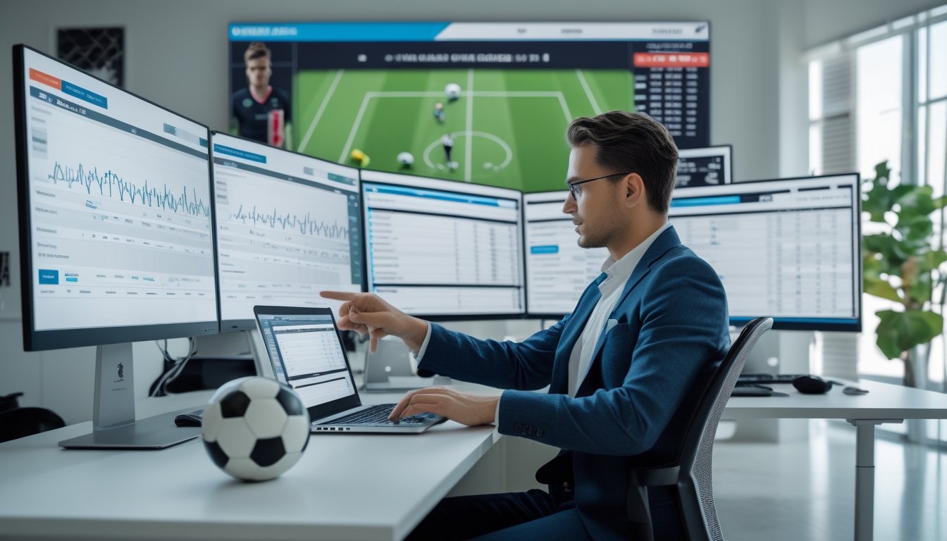 Seorang analis sedang melihat data statistik pertandingan sepak bola di depan beberapa layar komputer di ruang kantor yang terang dan modern.