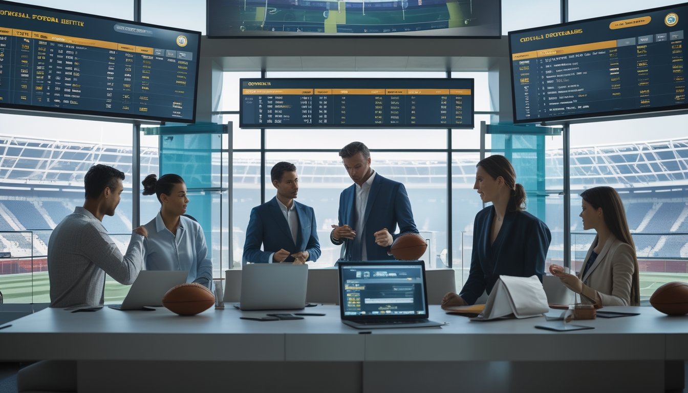 Orang-orang sedang melihat layar besar dengan data dan statistik pertandingan sepak bola di ruang modern.