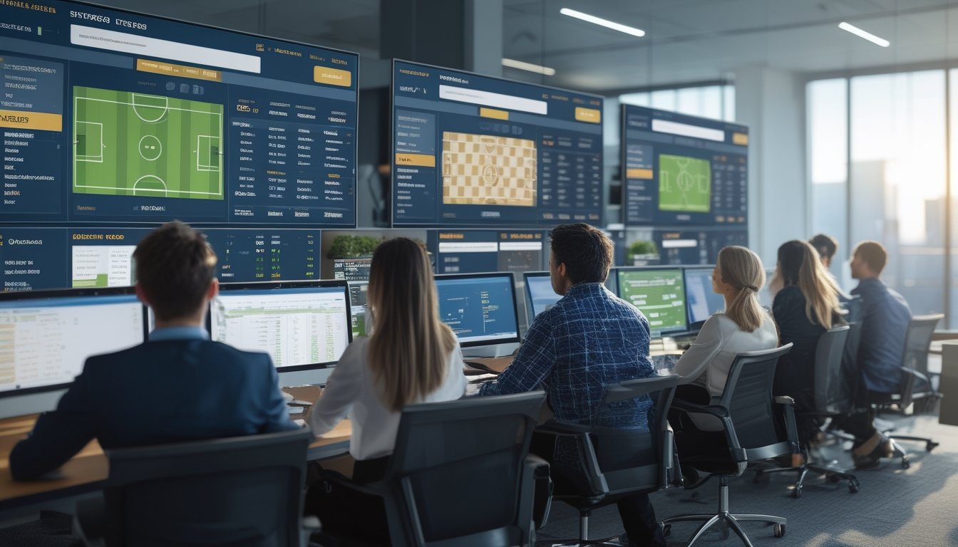 Orang-orang di kantor modern sedang melihat layar komputer dengan data taruhan sepak bola resmi.